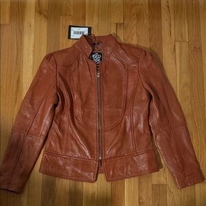 Womens Real Leather Tan Moto Jacket – Size M (New with Tags)